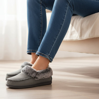 Pantoffels met imitatiebonten rand en rubberen antislipzool