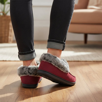 Pantoffels met imitatiebonten rand en rubberen antislipzool