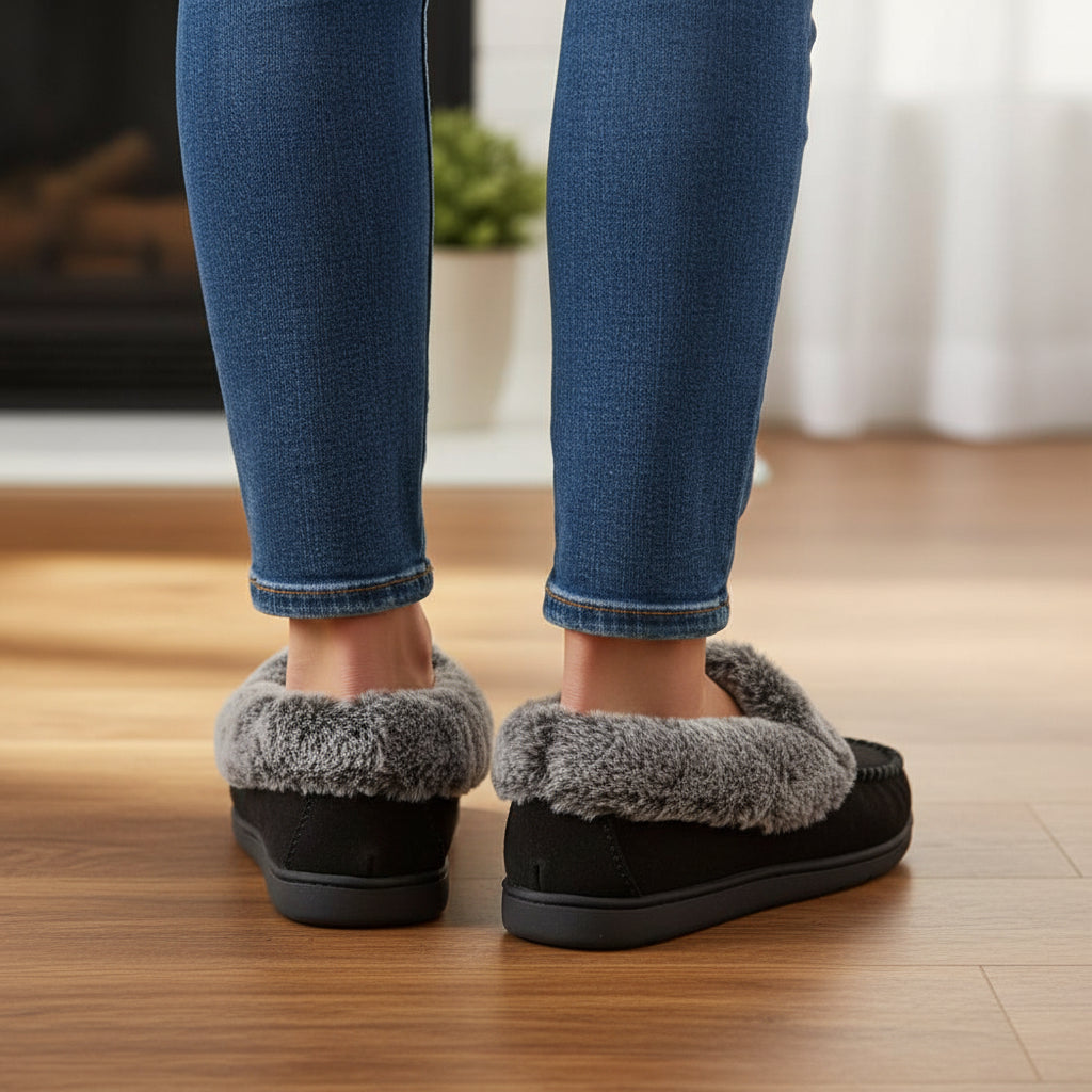 Pantoffels met imitatiebonten rand en rubberen antislipzool