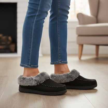 Pantoffels met imitatiebonten rand en rubberen antislipzool