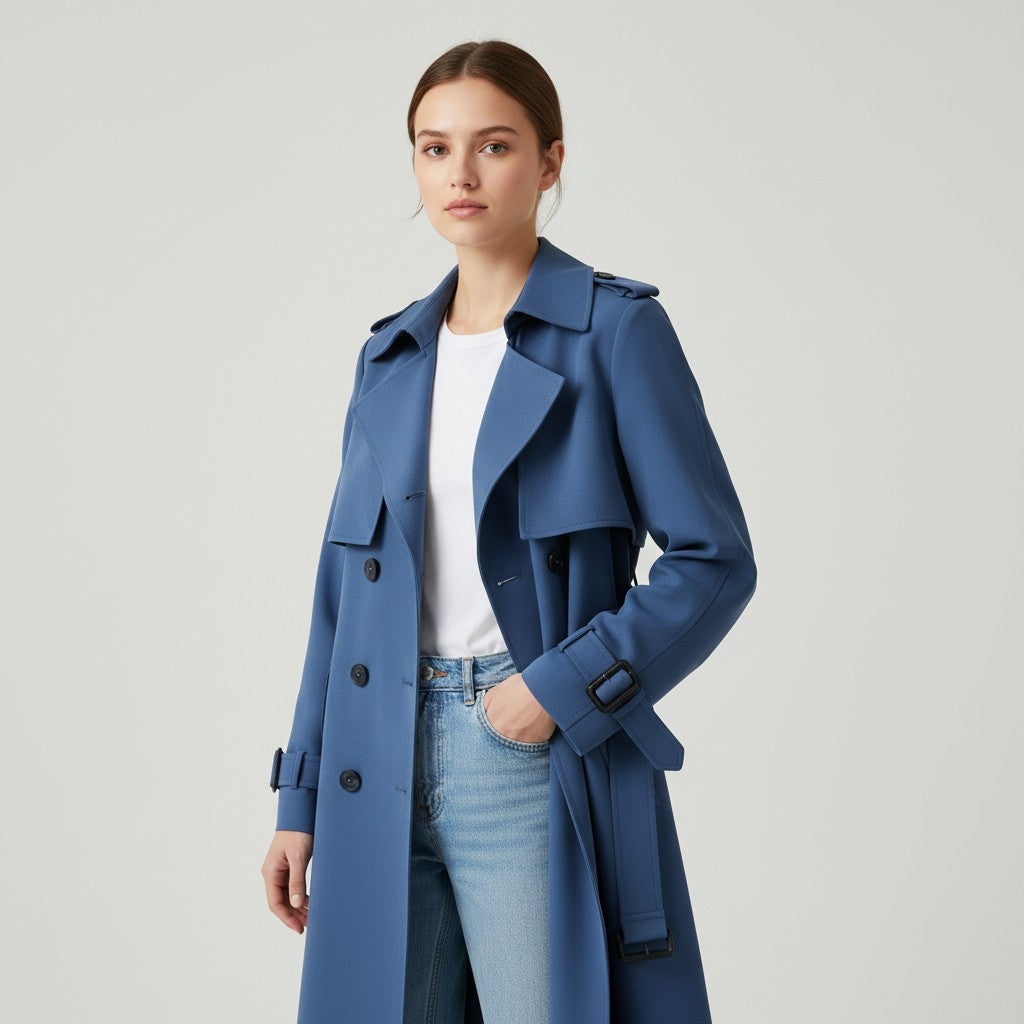 Halflange damestrenchcoat met brede revers en ceintuur - blauw