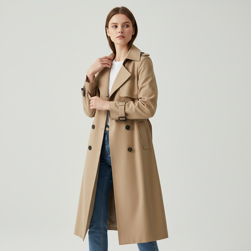 Halflange damestrenchcoat met brede revers en ceintuur