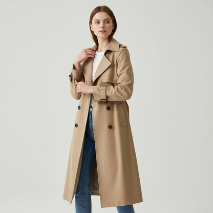 Halflange damestrenchcoat met brede revers en ceintuur