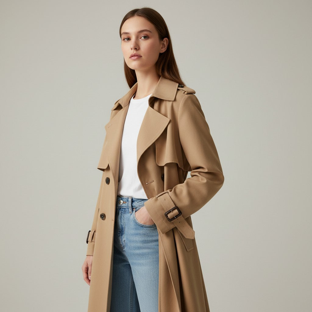 Halflange damestrenchcoat met brede revers en ceintuur - bruin