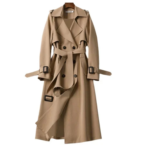 Halflange damestrenchcoat met brede revers en ceintuur