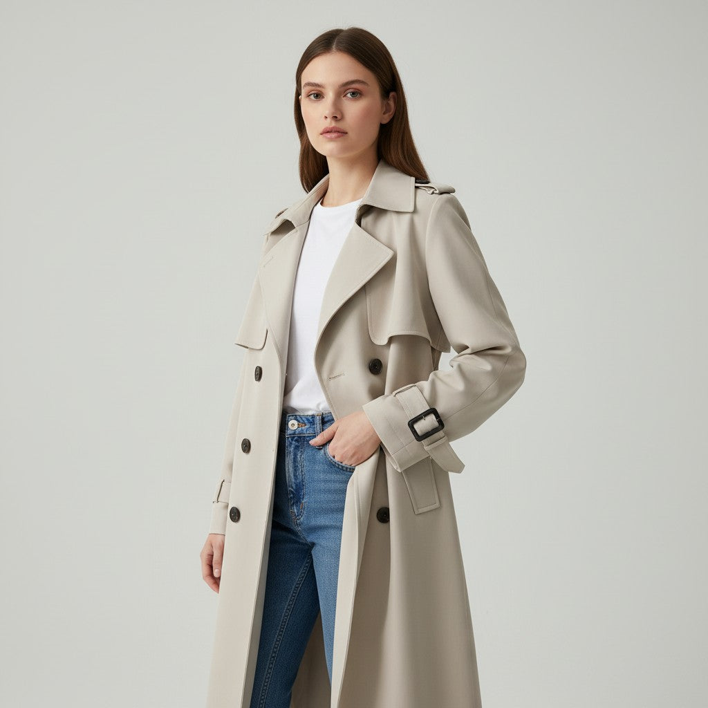 Halflange damestrenchcoat met brede revers en ceintuur - zand