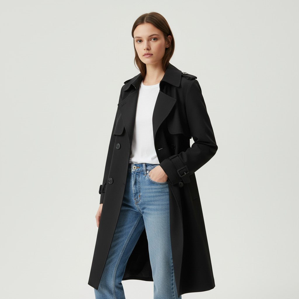 Halflange damestrenchcoat met brede revers en ceintuur - zwart