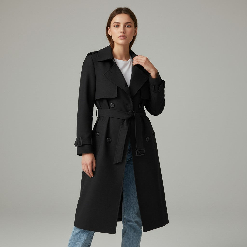 Halflange damestrenchcoat met brede revers en ceintuur