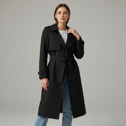 Halflange damestrenchcoat met brede revers en ceintuur