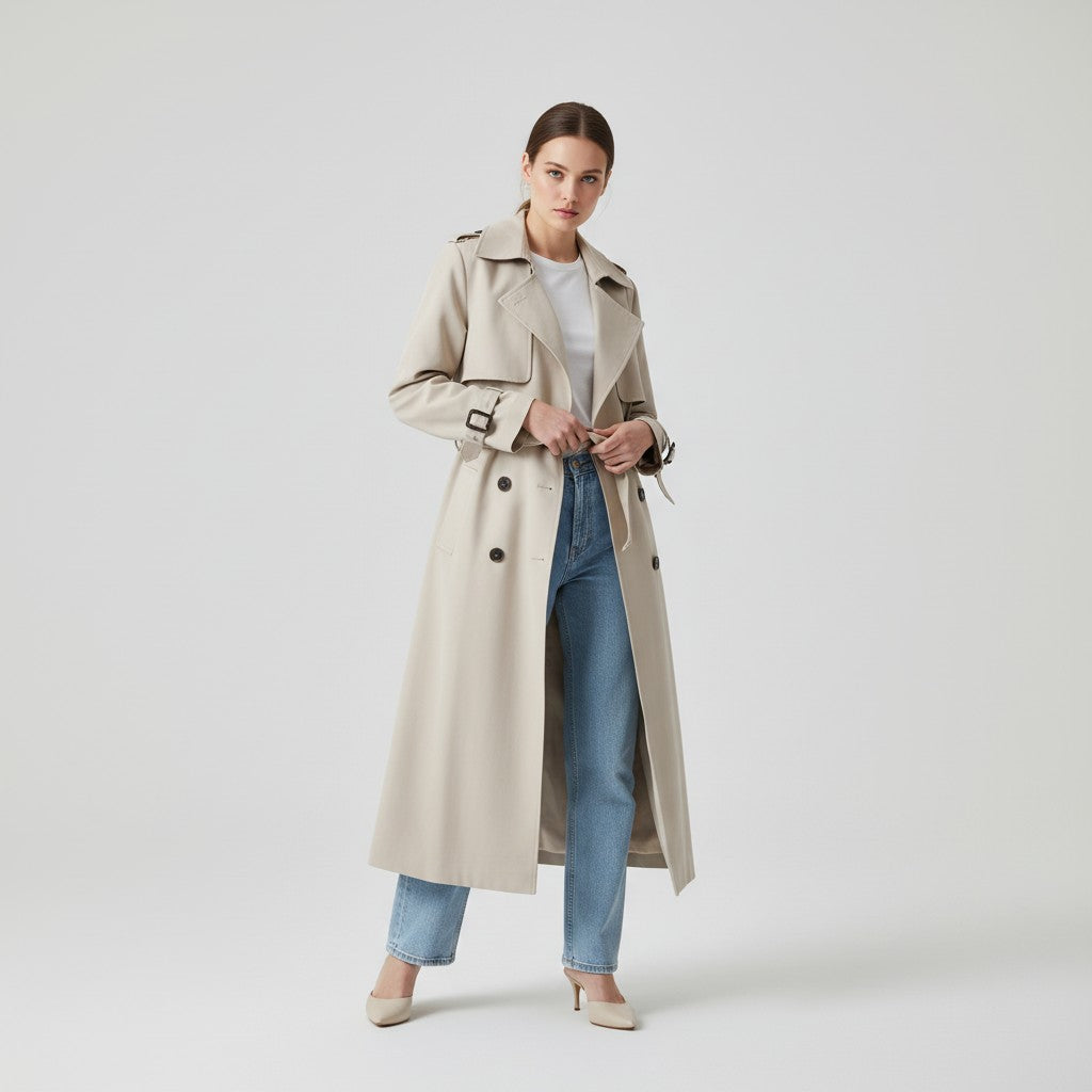 Halflange damestrenchcoat met brede revers en ceintuur