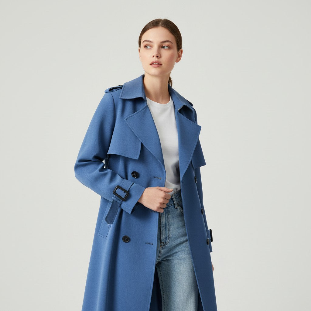 Halflange damestrenchcoat met brede revers en ceintuur
