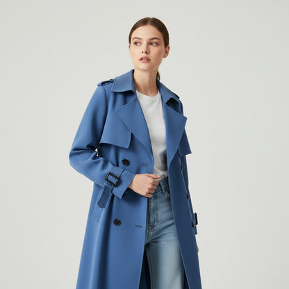 Halflange damestrenchcoat met brede revers en ceintuur