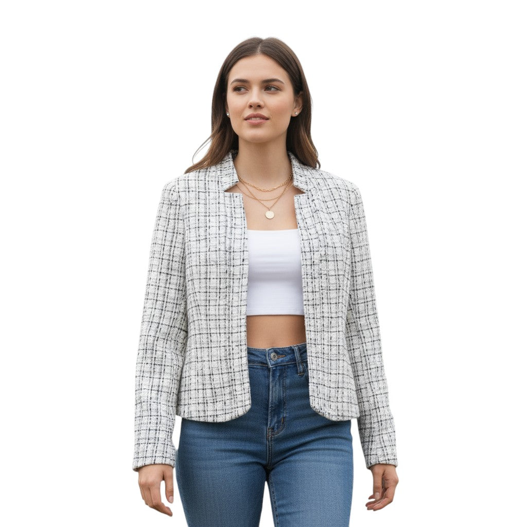 Kraagloos tweed damesjack met rafelrand, open gedragen