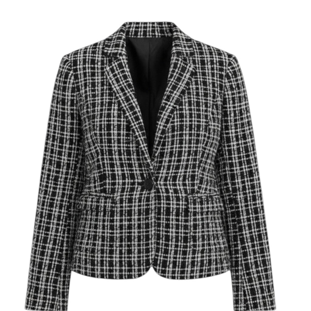 Kraagloos tweed damesjack met rafelrand, open gedragen