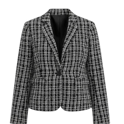Kraagloos tweed damesjack met rafelrand, open gedragen
