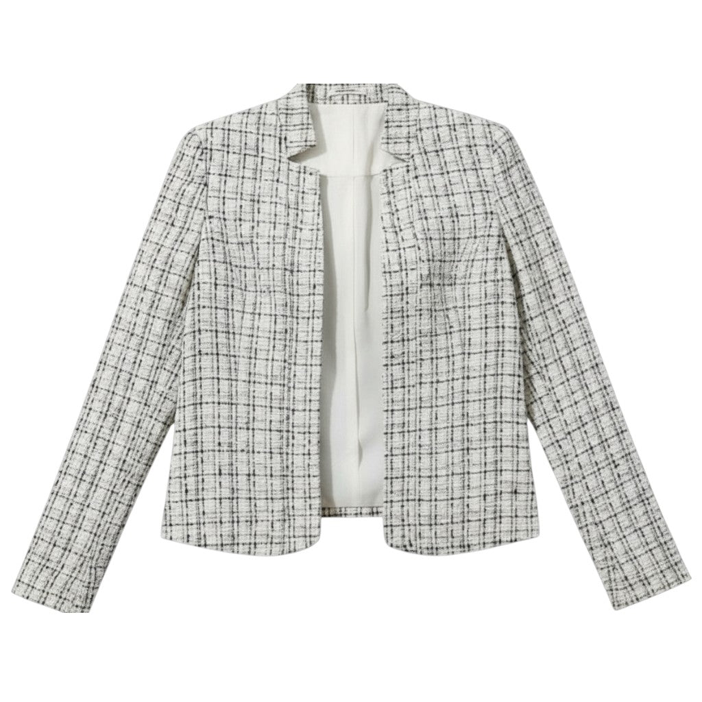 Kraagloos tweed damesjack met rafelrand, open gedragen