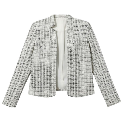 Kraagloos tweed damesjack met rafelrand, open gedragen