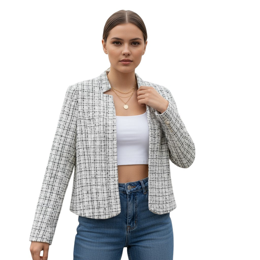 Kraagloos tweed damesjack met rafelrand, open gedragen - havermout met grijs