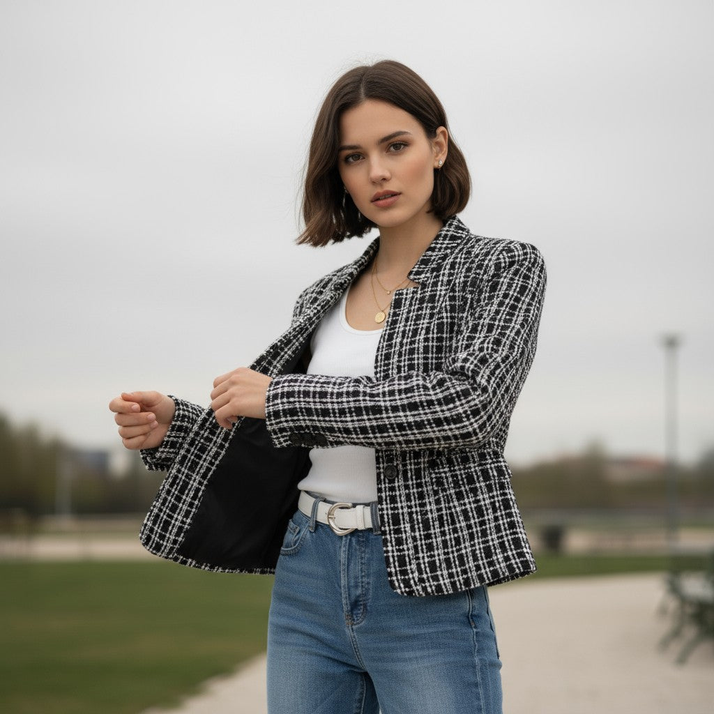 Kraagloos tweed damesjack met rafelrand, open gedragen