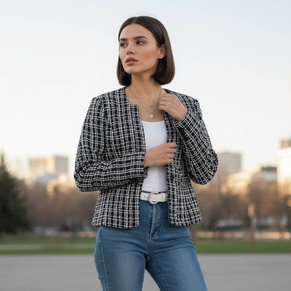 Kraagloos tweed damesjack met rafelrand, open gedragen