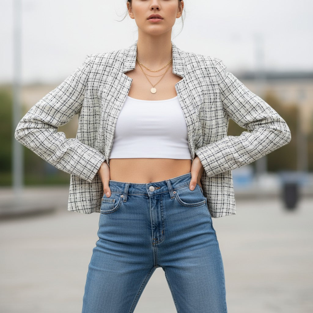Kraagloos tweed damesjack met rafelrand, open gedragen