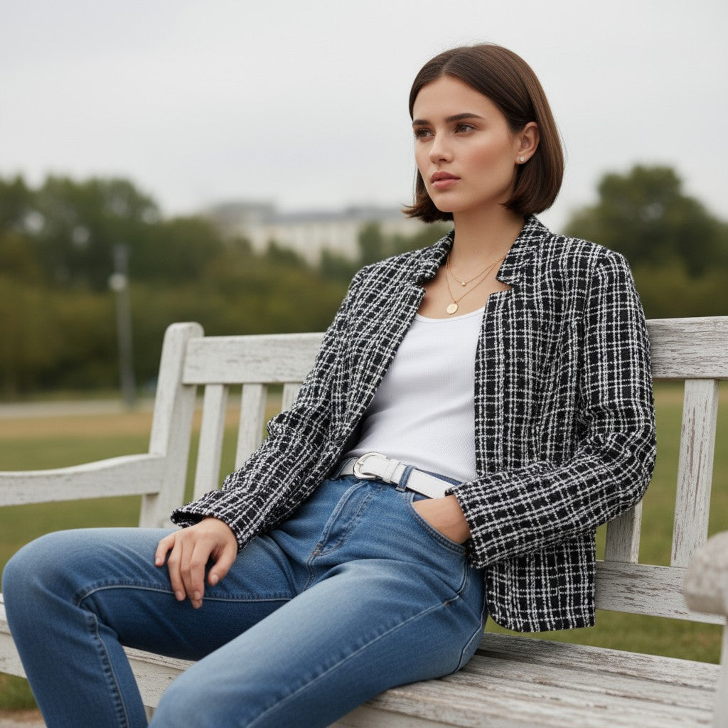 Kraagloos tweed damesjack met rafelrand, open gedragen