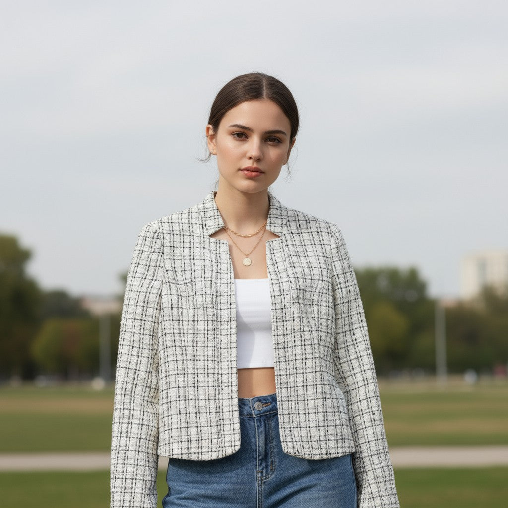 Kraagloos tweed damesjack met rafelrand, open gedragen