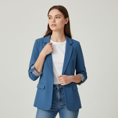Getailleerde damesblazer met revers en omgeslagen boorden met gestreepte voering - blauw