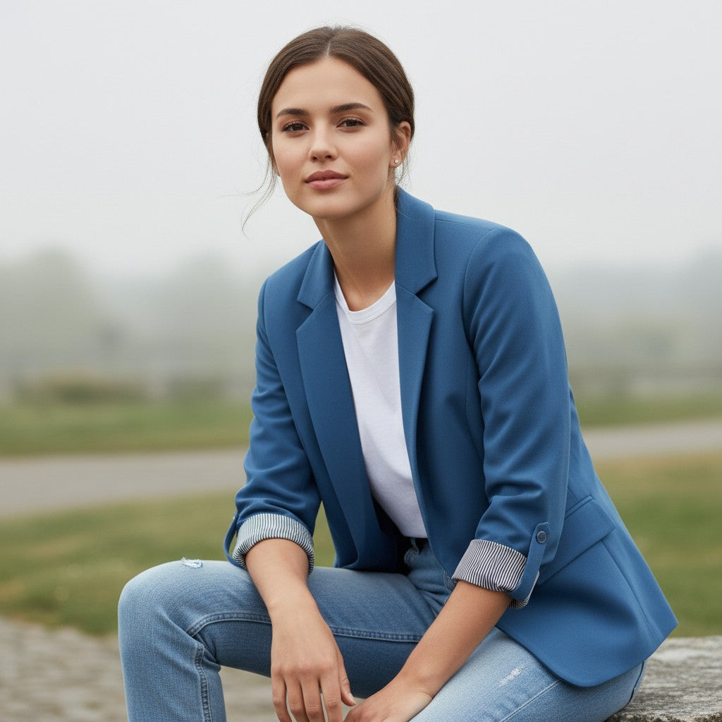 Getailleerde damesblazer met revers en omgeslagen boorden met gestreepte voering