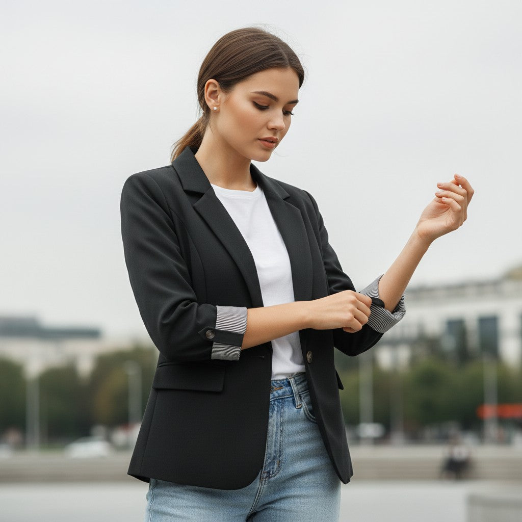 Getailleerde damesblazer met revers en omgeslagen boorden met gestreepte voering