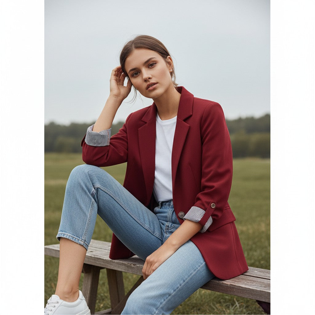 Getailleerde damesblazer met revers en omgeslagen boorden met gestreepte voering