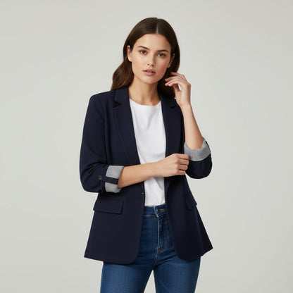 Getailleerde damesblazer met revers en omgeslagen boorden met gestreepte voering - marineblauw