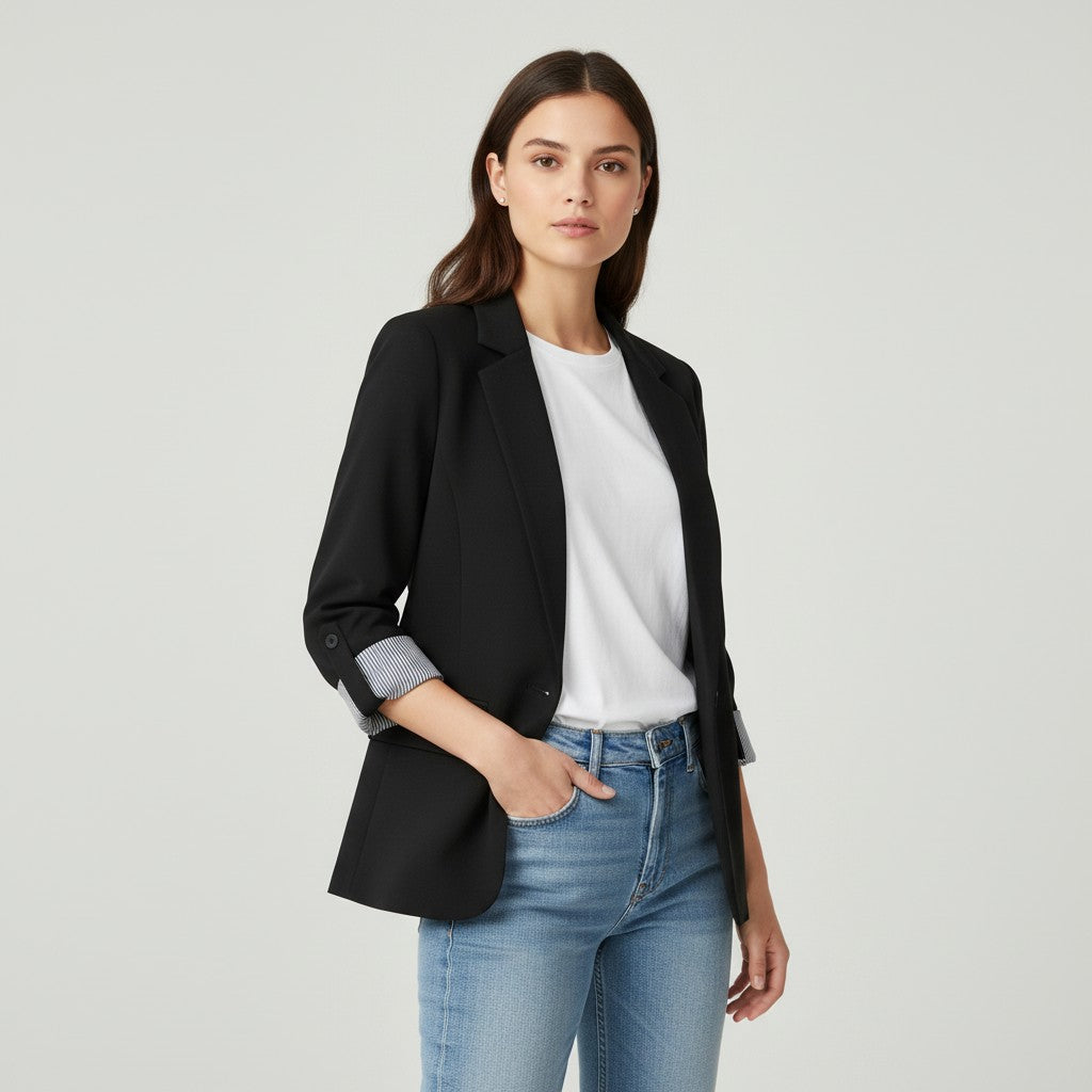 Getailleerde damesblazer met revers en omgeslagen boorden met gestreepte voering