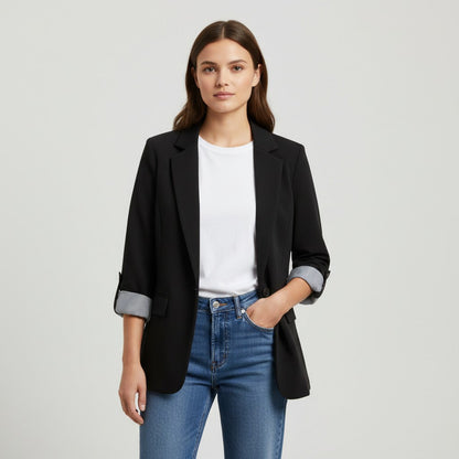 Getailleerde damesblazer met revers en omgeslagen boorden met gestreepte voering - zwart