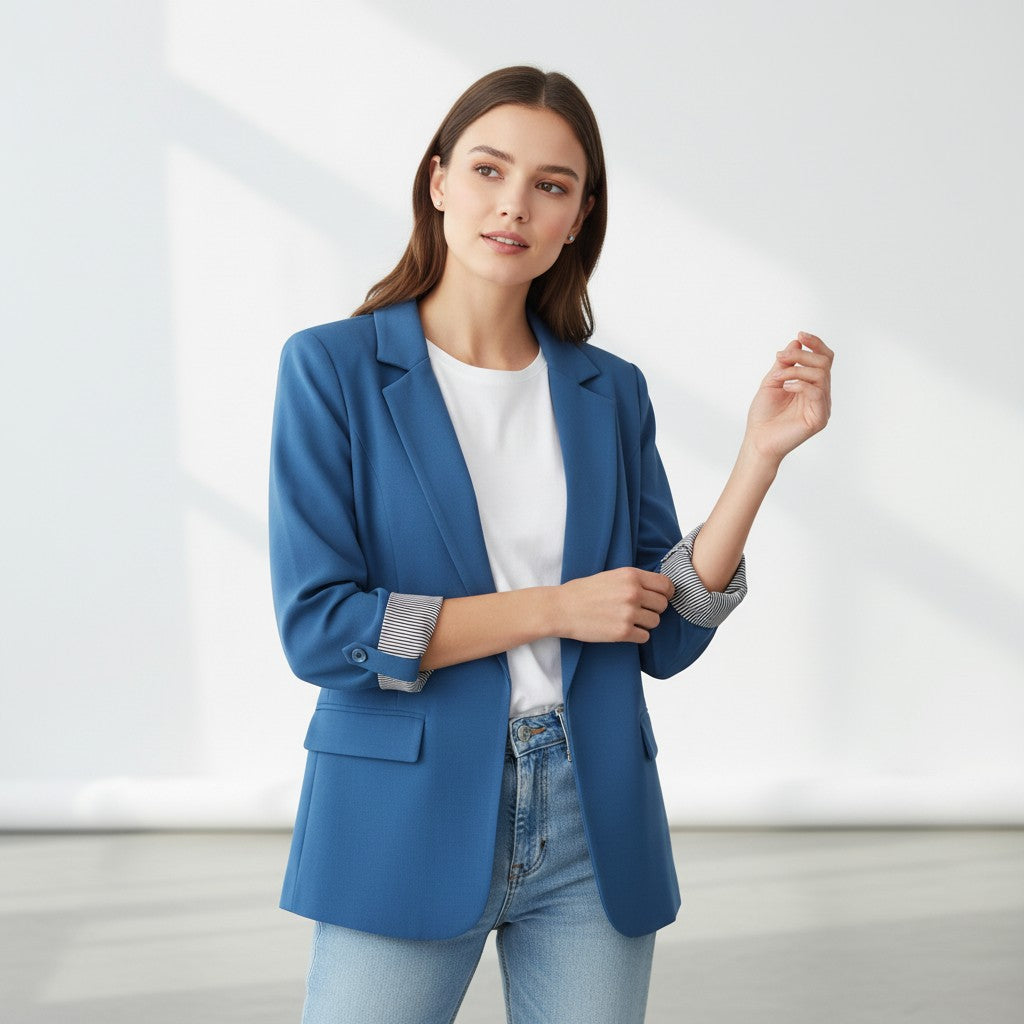 Getailleerde damesblazer met revers en omgeslagen boorden met gestreepte voering