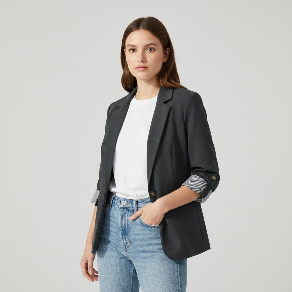 Getailleerde damesblazer met revers en omgeslagen boorden met gestreepte voering - antraciet