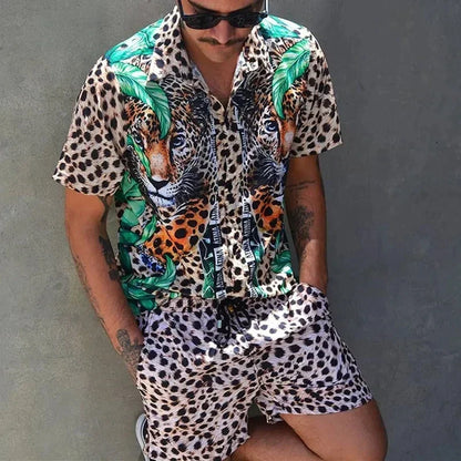 Zomerset heren met luipaardprint en groene bladeren, overhemd en short