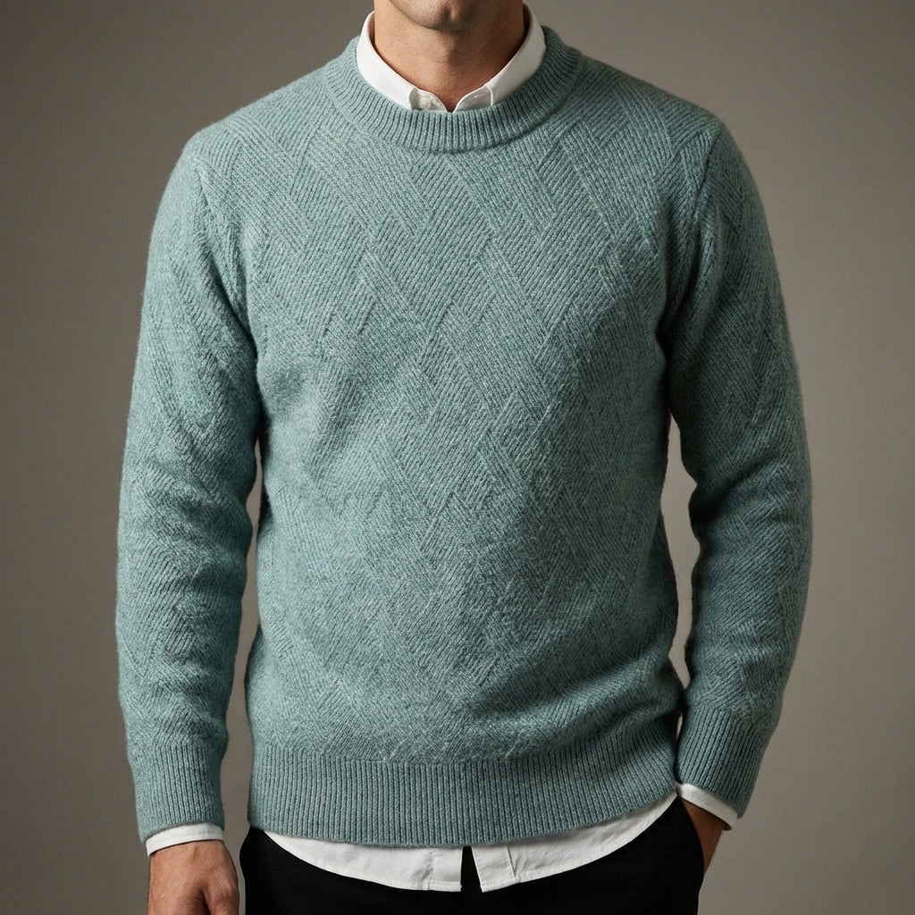 Zachte herentrui met ronde hals en ingebreid jacquard ruitpatroon