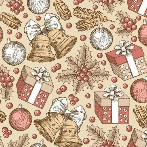 Zelfklevend kerstbehang op een rol van 45 cm breed met een kerstprint - kerstklokken en cadeaus