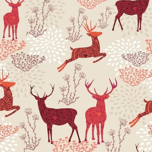 Zelfklevend kerstbehang op een rol van 45 cm breed met een kerstprint - rode rendieren op roze