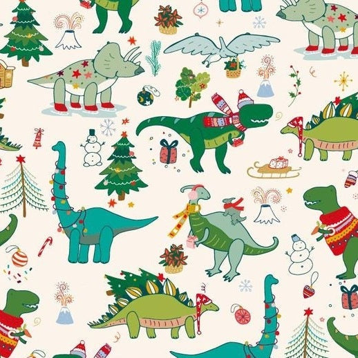 Zelfklevend kerstbehang op een rol van 45 cm breed met een kerstprint - kerstdino's