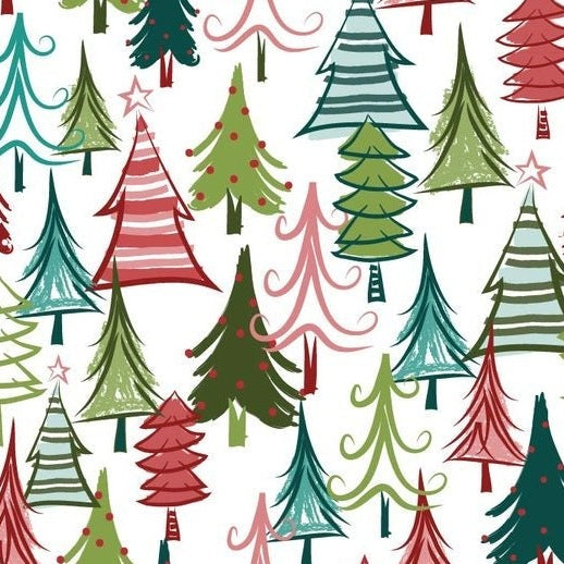 Zelfklevend kerstbehang op een rol van 45 cm breed met een kerstprint - bonte kerstbomen