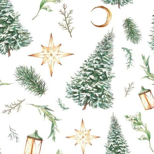 Zelfklevend kerstbehang op een rol van 45 cm breed met een kerstprint - dennenbomen en sterren