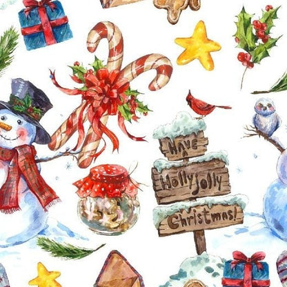 Zelfklevend kerstbehang op een rol van 45 cm breed met een kerstprint - sneeuwpop en zuurstokken