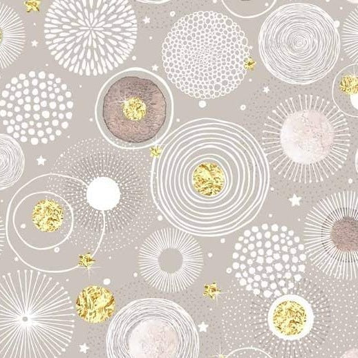 Zelfklevend kerstbehang op een rol van 45 cm breed met een kerstprint - taupe cirkels met goud