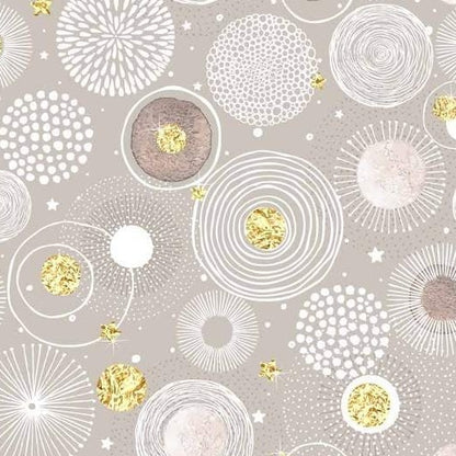 Zelfklevend kerstbehang op een rol van 45 cm breed met een kerstprint - taupe cirkels met goud