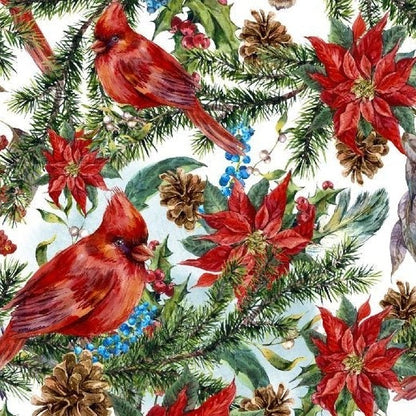 Zelfklevend kerstbehang op een rol van 45 cm breed met een kerstprint - kerstster met rode vogels
