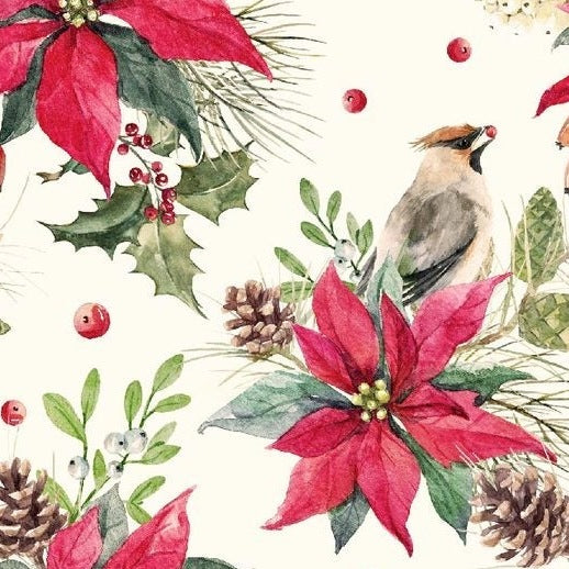 Zelfklevend kerstbehang op een rol van 45 cm breed met een kerstprint - kerstster met vogeltje op crème