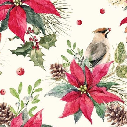 Zelfklevend kerstbehang op een rol van 45 cm breed met een kerstprint - kerstster met vogeltje op crème