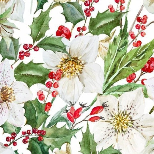 Zelfklevend kerstbehang op een rol van 45 cm breed met een kerstprint - besjes en kerstrozen